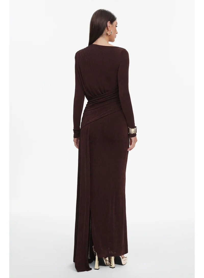 Bella Barnett  Skyler Elegant Contour Long Sleeve Ruched High Slit Knit Brown Maxi Dress for Women | Best Price UAE